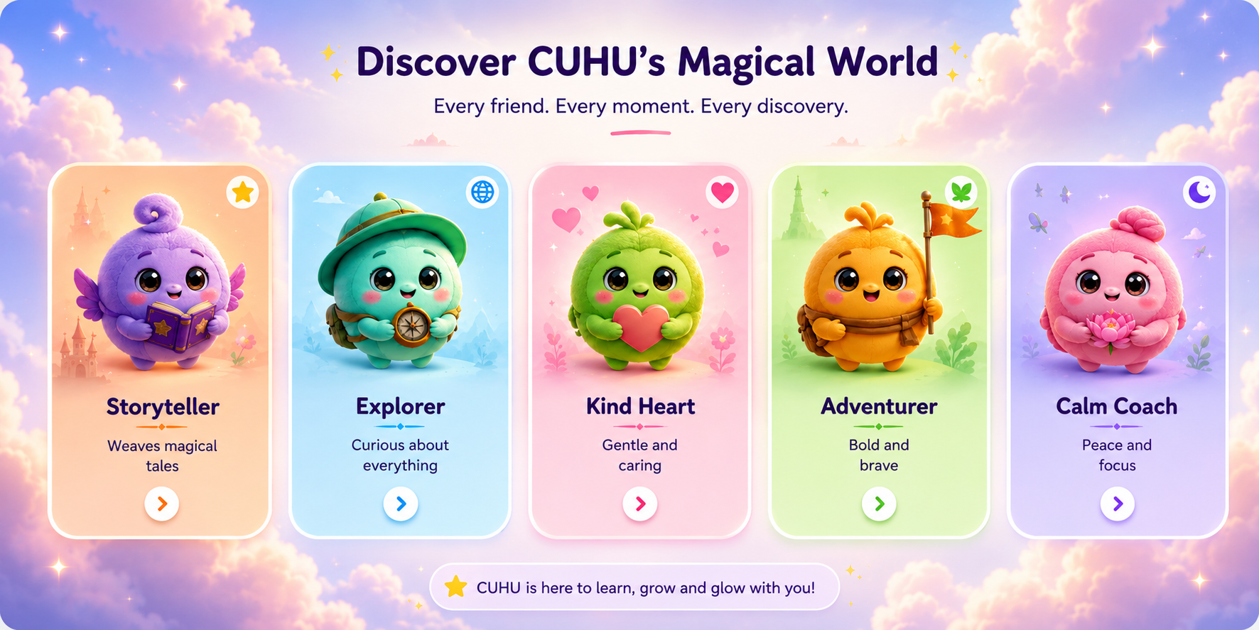 Discover CUHU's Magical World — Storyteller, Explorer, Kind Heart, Adventurer, Calm Coach