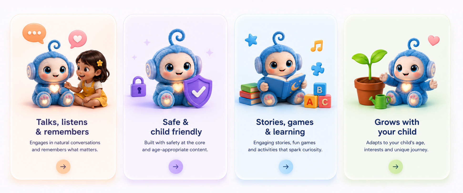 CUHU capabilities: talks and listens, safe and child friendly, stories games and learning, grows with your child
